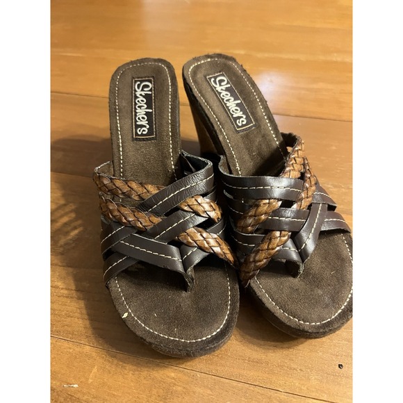 Skechers‎ Brown 3.5" Heel Wedges Braided Straps Cork Accents Women's Size 6 - Picture 1 of 7
